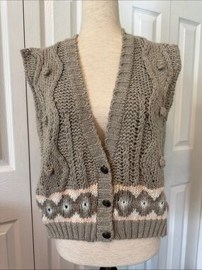 Vintage Margules Button-Front Cable Knit Sweater Vest in Taupe Sz S